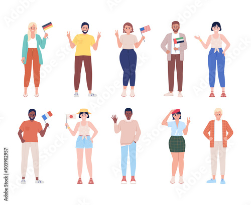 Multicultural society semi flat color vector character set. Standing figures. Full body people on white. Community members simple cartoon style illustration pack for web graphic design and animation