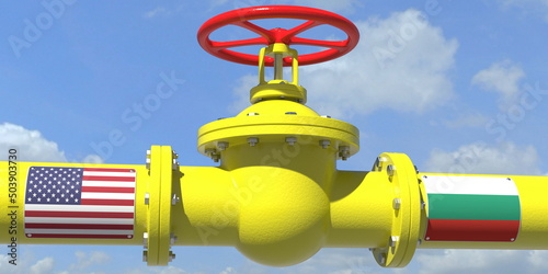 USA BULGARIA gas or oil transit concept. Pipe with valve, 3D rendering