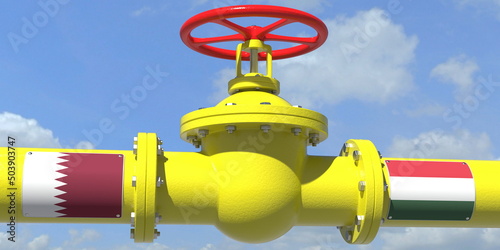 QATAR HUNGARY gas or oil transit concept. Pipe with valve, 3D rendering