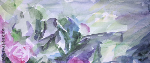 Abstract roses panorama background. Summer beautiful flowers and leaves. Watercolor airy brush strokes with smudges. Wellness concept color of season 2022.