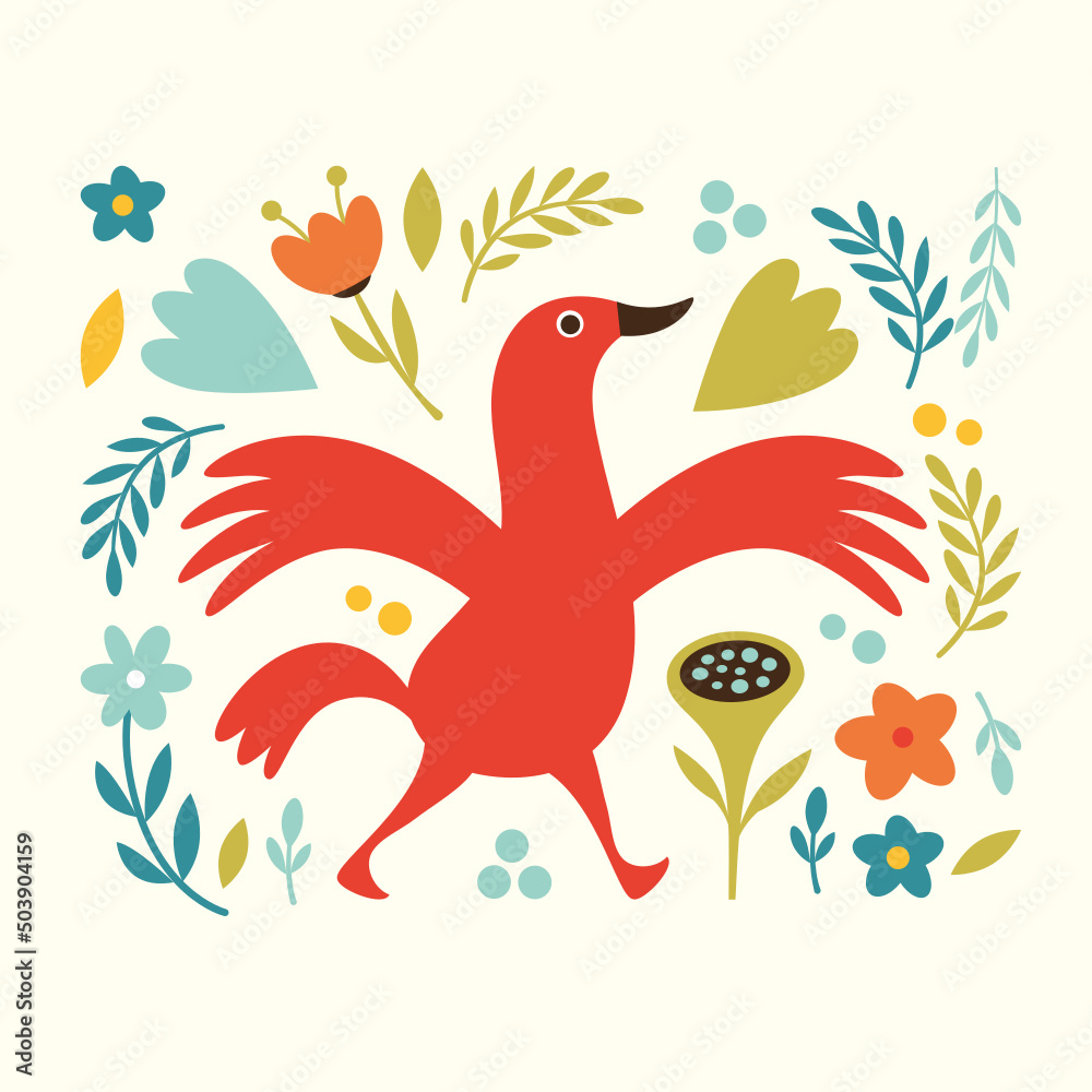 Greeting card with red bird and flowers Greeting card with red bird and flowers