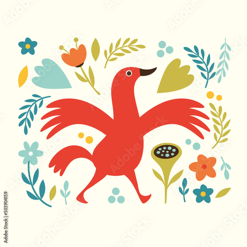 Greeting card with red bird and flowers