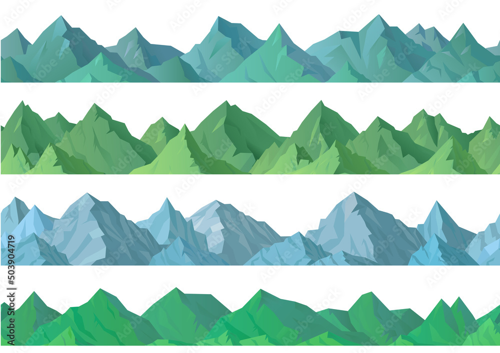 Fototapeta premium Seamless pattern of mountain. Set silhouette rocky landscape. Vector game background with alpine top. 