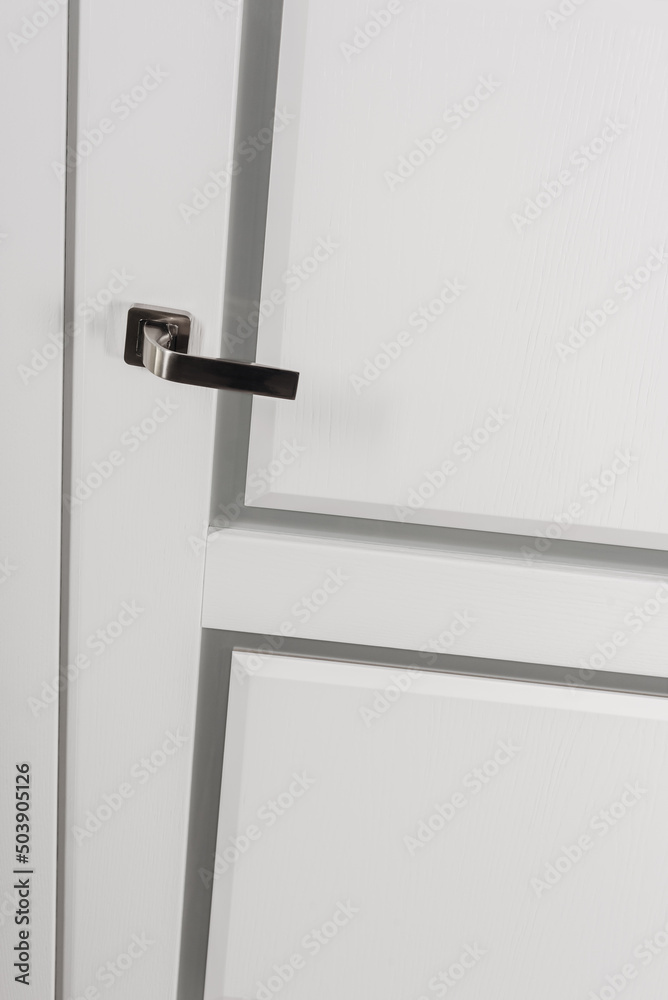 Modern chrome door handle on white bright door Modern chrome door handle on white bright door