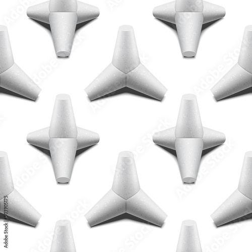 Seamless pattern with various projections of breakwater concrete tetrapods. Vector engineering background illustration.