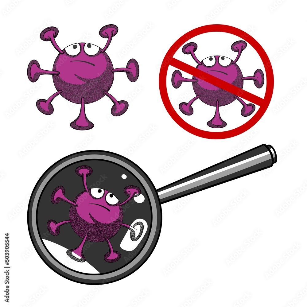 Funny virus character, virus banned, virus in a magnifying glass Funny virus character, virus banned, virus in a magnifying glass