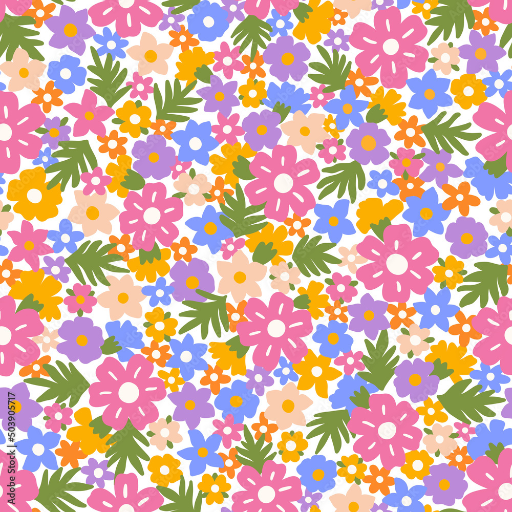 Seamless floral pattern on a white background. Textile design with cute flowers. Repeatable botanical background. Summer flat illustration. Seamless floral pattern on a white background. Textile design with cute flowers. Repeatable botanical background. Summer flat illustration.