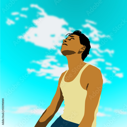 A man in white vest, looks at the blue sky with white clouds and looks content, hopeful and comfortable, minimal illustration style, vector