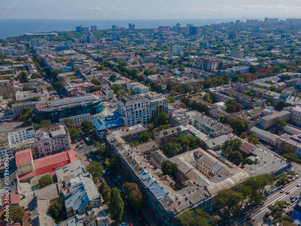 Panoramic view of Odessa city center, Ukraine. City landscape, top view. Black Sea. warm summer day