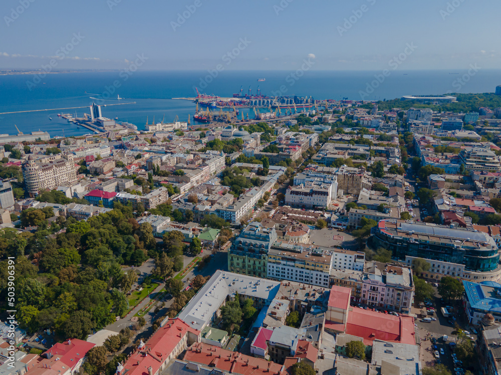 Panoramic view of Odessa city center, Ukraine. City landscape, top view. Black Sea. warm summer day
