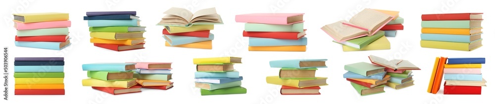 Collection of different hardcover books on white background. Banner design Collection of different hardcover books on white background. Banner design