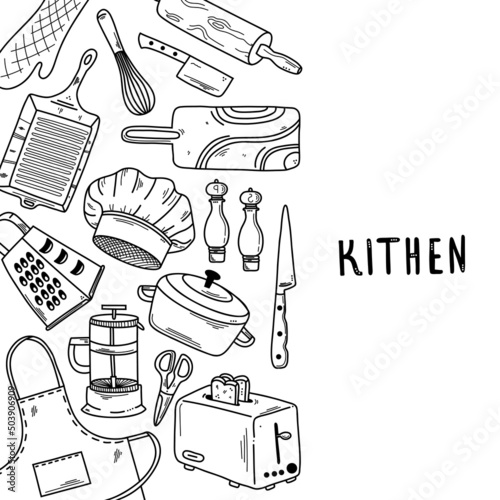 Hand drawn doodle kitchen set. Vector illustration of kitchen equipments and tools. Baking and cooking tamplate for restaurant menu and recipe book
