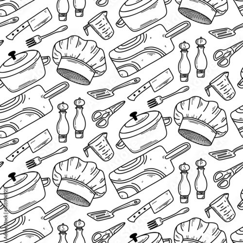 Cooking and kitchen tools seamless pattern in doodle style. Vector background with coocking tools