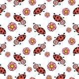Seamless square pattern. Cute red beetles, ladybugs with pink flowers