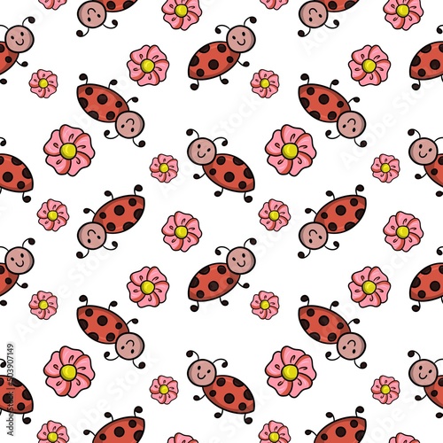 Seamless square pattern. Cute red beetles, ladybugs with pink flowers