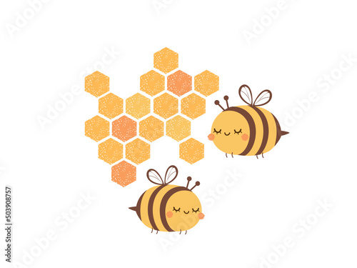 Bee cartoons and beehive honeycomb symbol isolated on white background vector illustration.
