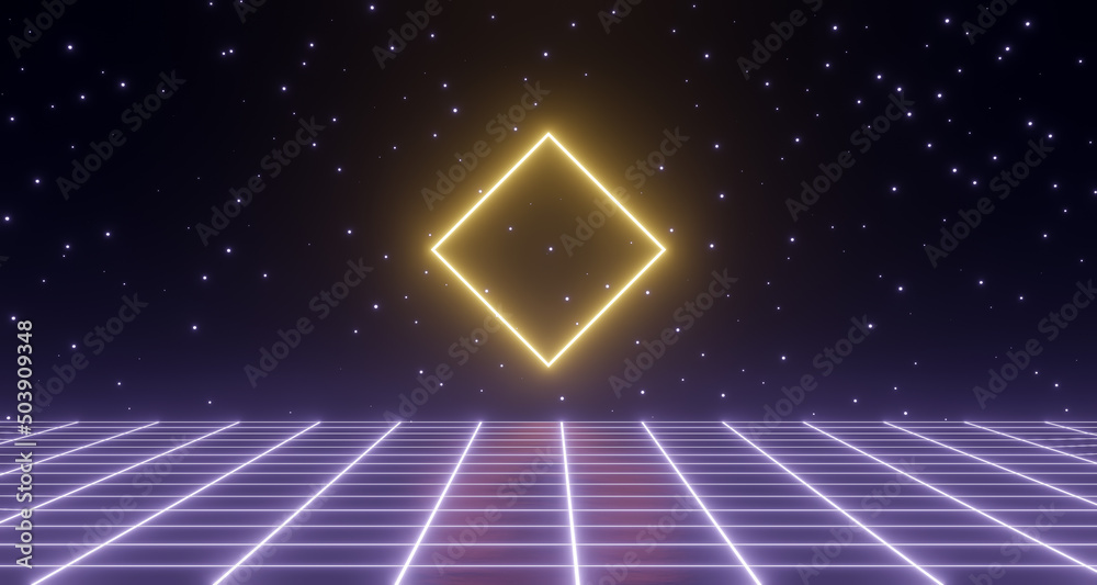 3d render, neon glowing retro wireframe poster
