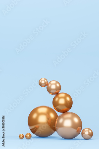 golden spheres on blue background, 3d render 