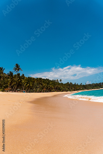 Tropical beautiful landscape, turquoise ocean and bright sand beach, paradise vacation on island.