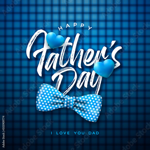 Happy Father's Day Greeting Card Design with Dotted Bow Tie and Blue Heart on Checkered Background. Vector Fathers Day Celebration Illustration for Best Dad. Template for Banner, Flyer or Poster.