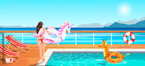 Beautiful long brown hair woman on boat deck, cruise ship, liner swimming pool floor. Girl in swimsuit, bikini, hold inflatable swim toy. Summer holiday, vacation, resort, rest. Vector illustration