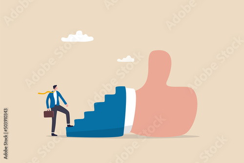 Success steps to reach work achievement, stair or ladder of success, self improvement or career development, step to succeed and reach goal concept, businessman begin to walk up stair to thumb up. photo