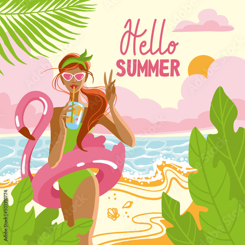 Beautiful girl on the beach, seascape, summer vacations.  Banner. Vector illustration © Ekaterina