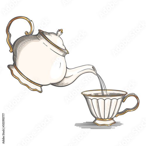 Vintage Teapot pours hot water into a cup. Isolated on white background. Vector Illustration.