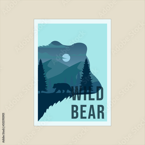 bear wildlife outdoor minimalist poster double exposure illustration template graphic design