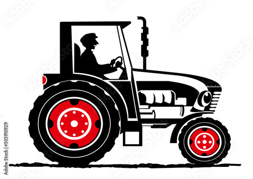 Happy farmer with tractor, silhouette vector illustration on white background.