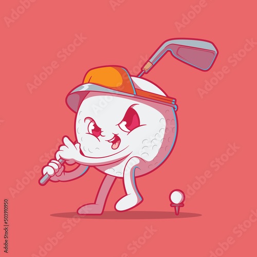Golf Ball character playing golf vector illustration. Game, Sport, brand design advertising.
