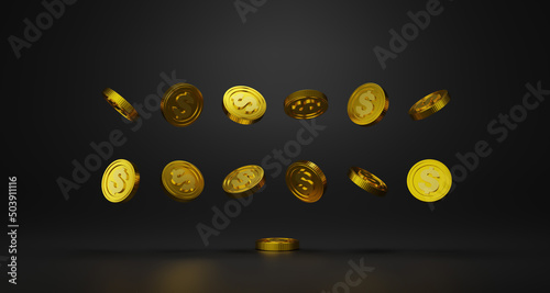 Golden coin isolated on black background. 3d rendering.