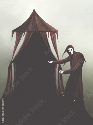 Fotografie Illustration of creepy man inviting to follow him in the obscurity, surreal abst