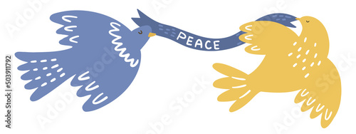 An illustration of doves flying with a peace ribbon. Symbolizes peace, stopping the war, truce, hope. Isolated objects on a white background. Simple style.