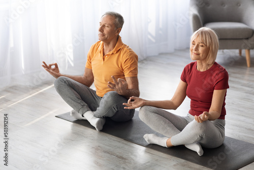 Relaxed senior couple meditating together at home, copy space