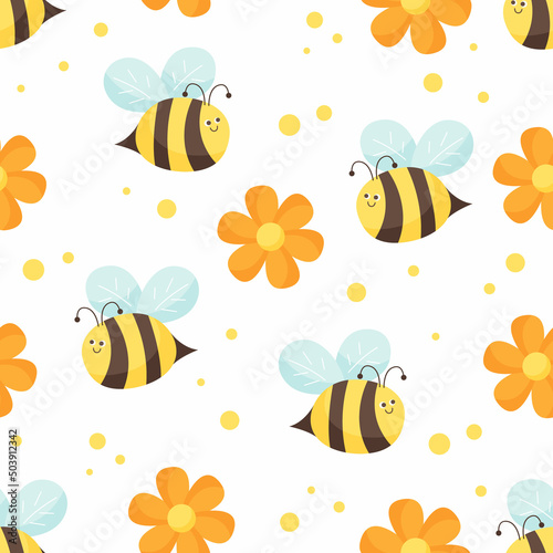 Seamless pattern with flying bees and flowers on white background. Illustration for background  print  and textile.