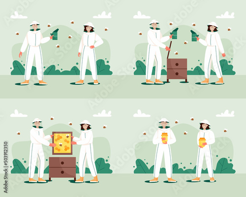 Set of concepts of beekeeping farm. Man and woman in hat and protective uniform.