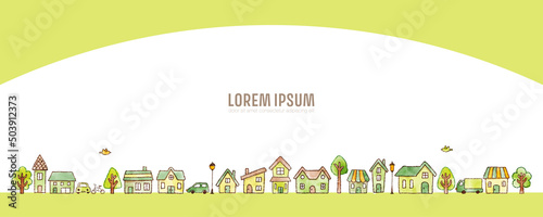 Hand drawn houses and trees (green). cute illustration for background