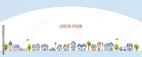 Hand drawn houses and trees (blue). cute illustration for background