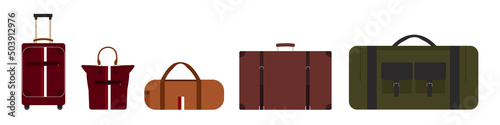 Set of travel bags on white background. Vector illustration suitcases, hand luggage, backpack, handbag for vacation and travel in cartoon style.