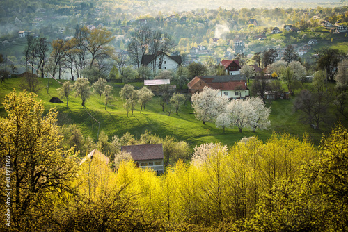 Beautiful spring scene of mountain Bran Village with colourful trees and beautiful background, Bran - Romania