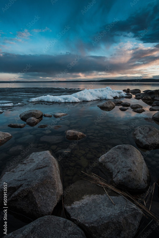 View of Onega Lake at sunset in Medvezhjegorsk