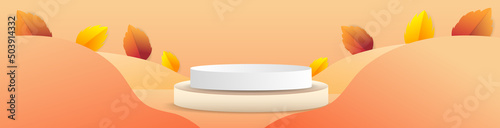 Autumn seasonal background frame with podium display minimum and autumn leaves on orange background , illustration 3D Vector EPS 10