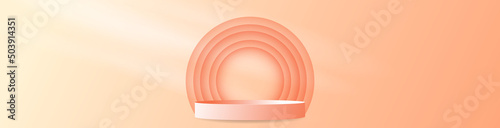 Autumn seasonal background frame with podium display minimum and autumn leaves on orange background , illustration 3D Vector EPS 10