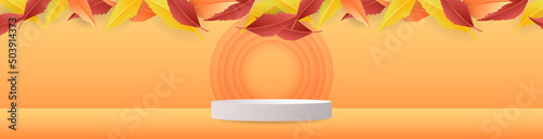 Autumn seasonal background frame with podium display minimum and autumn leaves on orange background , illustration 3D Vector EPS 10