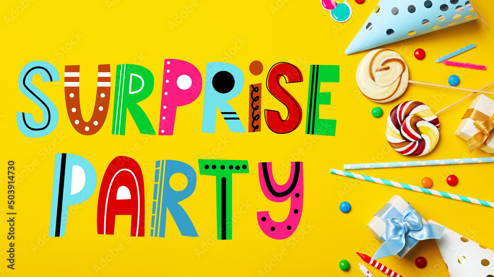 Flat lay composition with different items for surprise party on yellow background