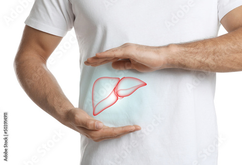 Man and illustration of liver on white background, closeup photo