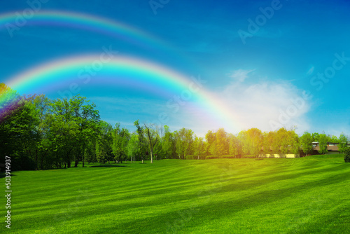 Picturesque view of green meadow and beautiful rainbows in blue sky on sunny day