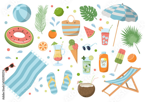 Cute cartoon summer elements set: sling chair, umbrella, towel, drinks, and food. Great for posters, scrapbooking, stickers, and print. Isolated on white background.