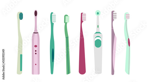 Set of toothbrushes on white background. Vector illustration dental hygiene, oral care in flat style.